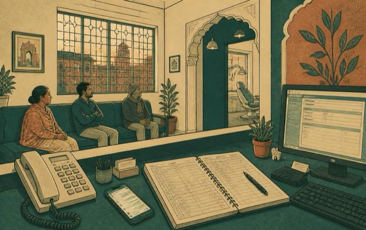A clinic reception at dusk: patients waiting, a landline ringing, a paper register open on the desk